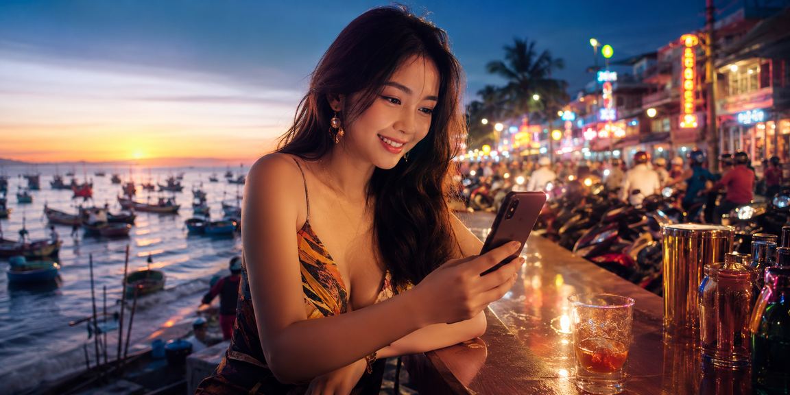Người dùng chơi casino mobile trên bãi biển Mũi Né với điện thoại Android