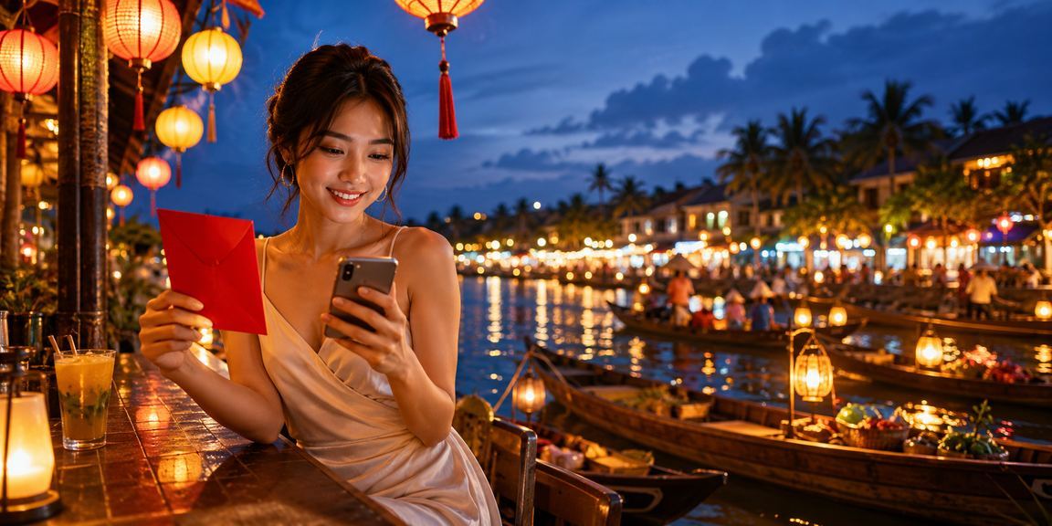 Người chơi tại Phan Thiết nhận phong bao đỏ khuyến mãi tại chợ đêm trong dịp lễ hội